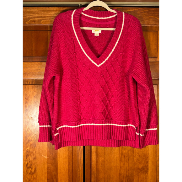 Maeve by Anthropologie Tilly Pullover Sweater V-Neck Cable Knit Varsity Pink W L - Picture 4 of 13